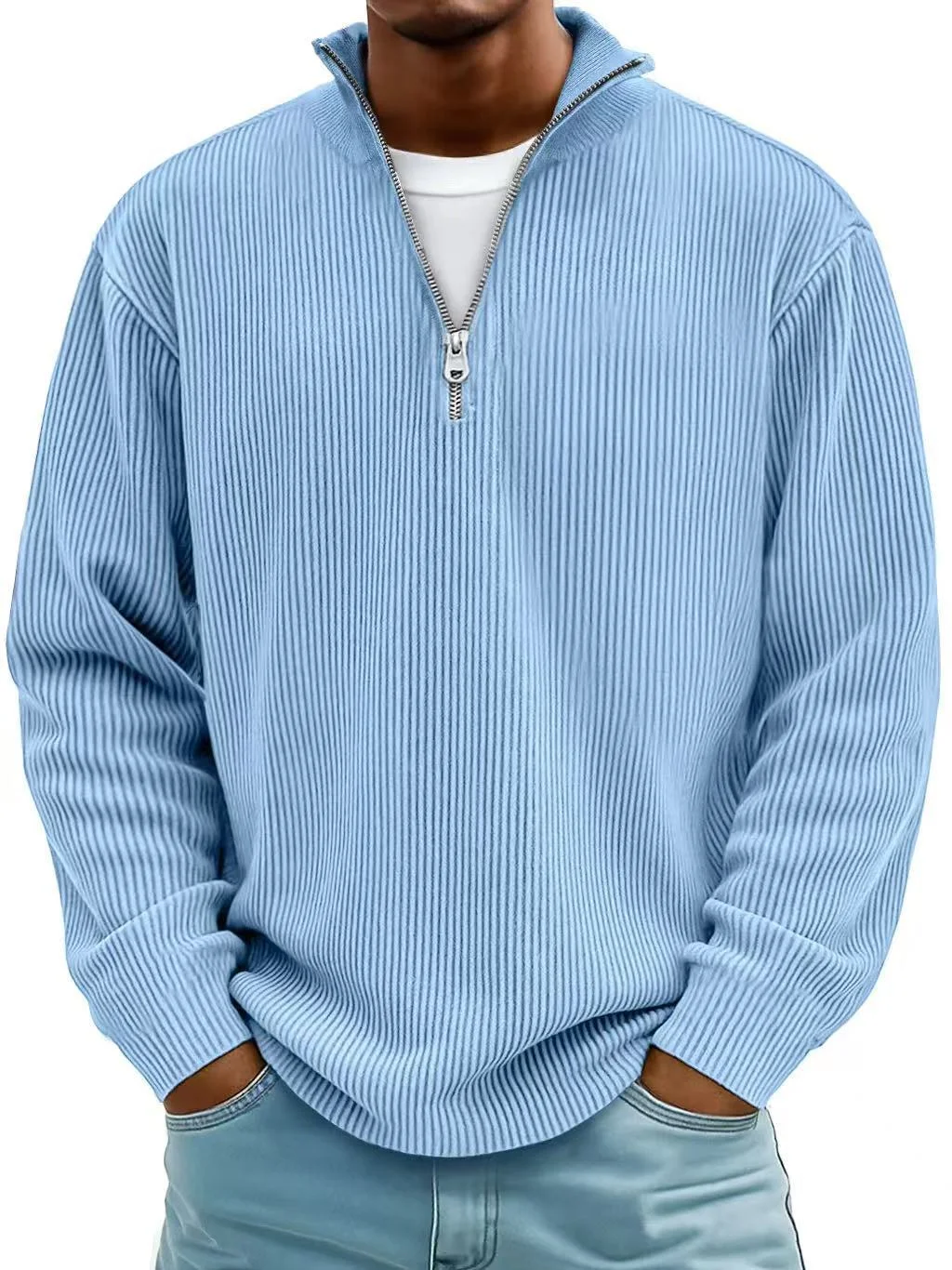 Corduroy zipper stand‑collar sweatshirt – solid color long‑sleeve men’s casual top