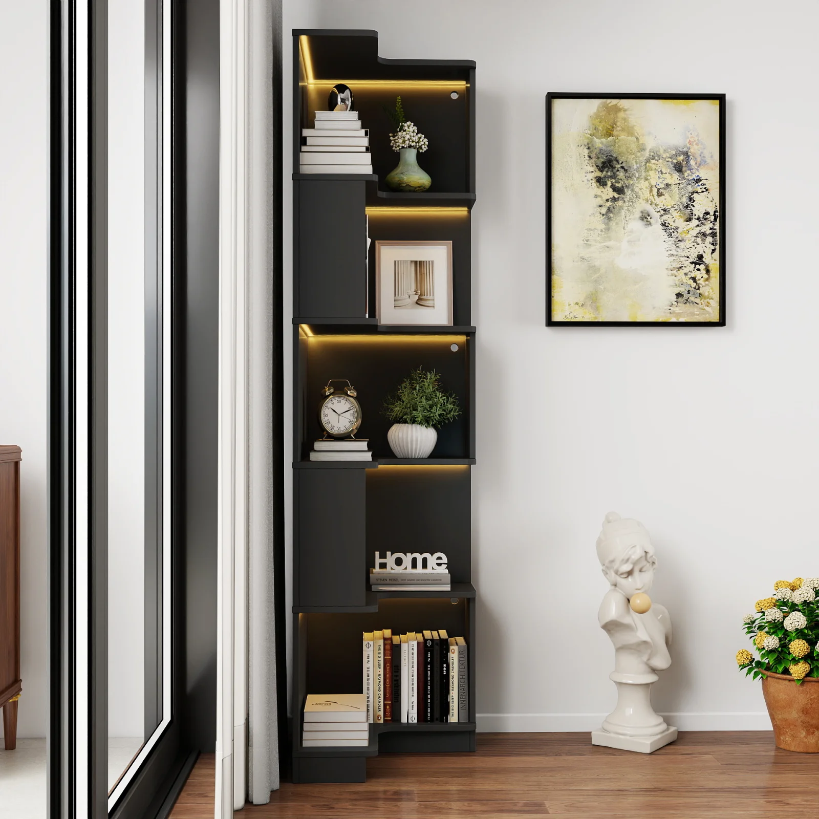 Corner Book Shelf - 5 Tier Corner Bookshelf Bookcase with Baffle, Freestanding L Shaped Display Shelf Stand with Led Lights for Home Office, Living Room, Bedroom, Kitchen