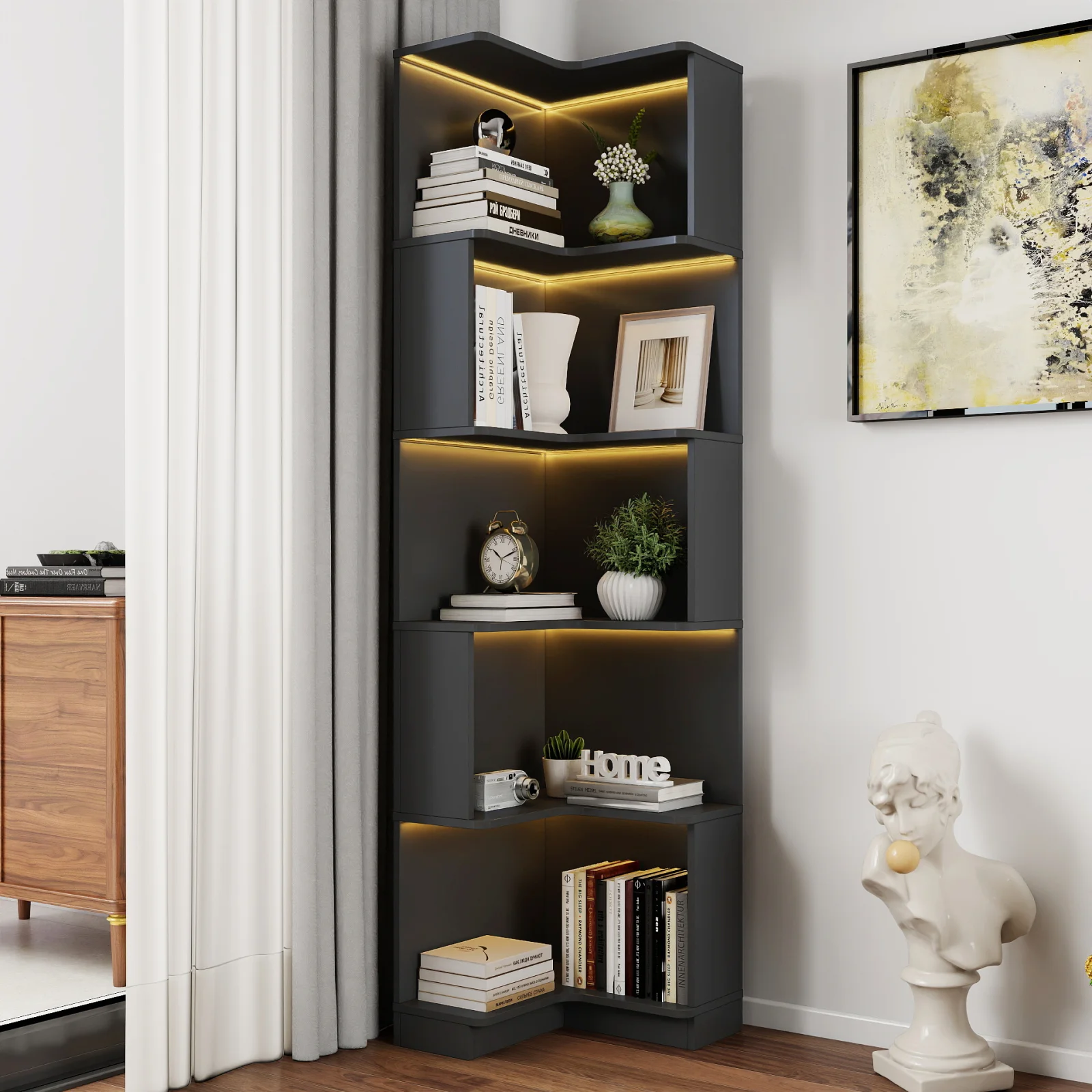 Corner Book Shelf - 5 Tier Corner Bookshelf Bookcase with Baffle, Freestanding L Shaped Display Shelf Stand with Led Lights for Home Office, Living Room, Bedroom, Kitchen