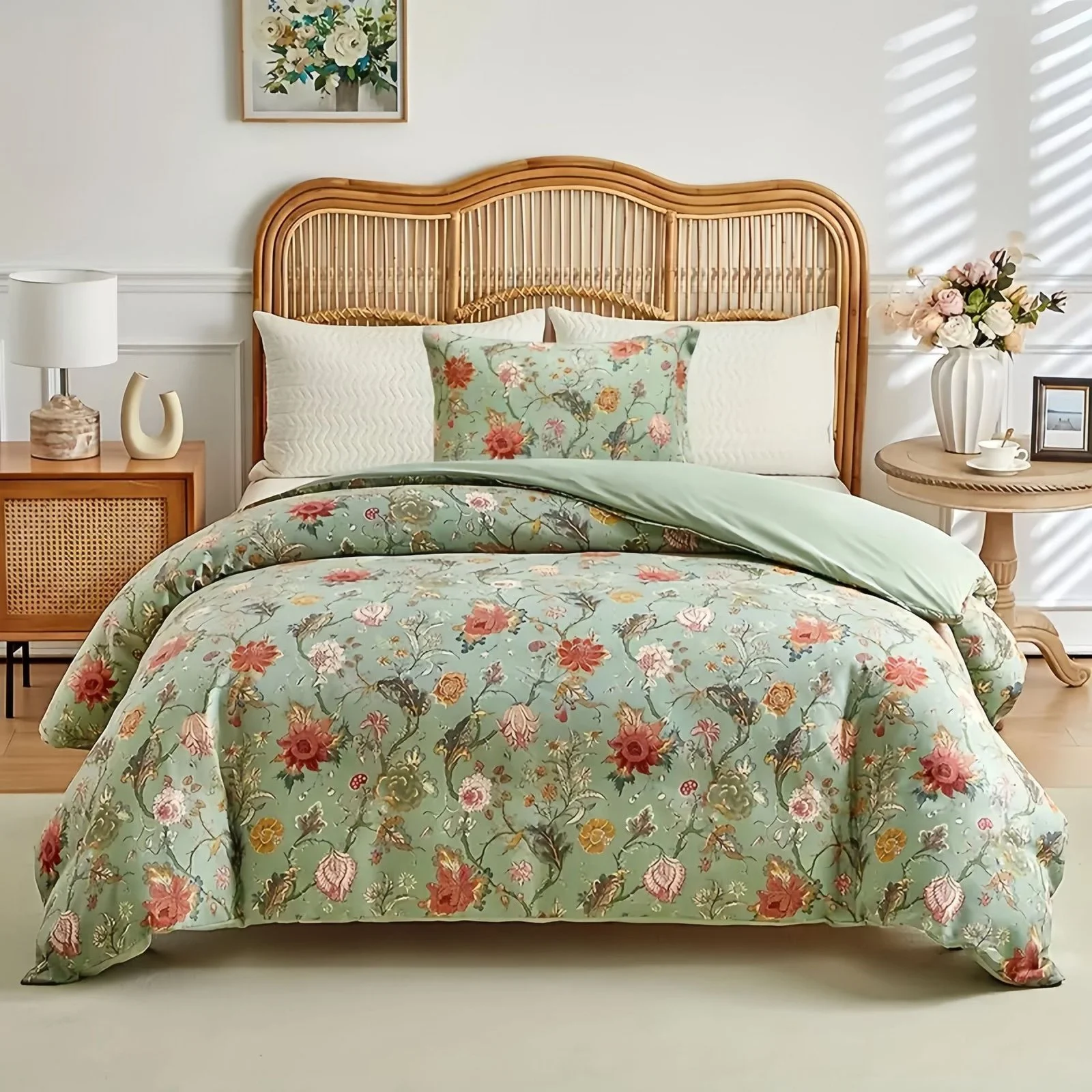 Cotton Flower Four-piece Bed Sheet Duvet Cover and Fitted Sheet Set for Bedding