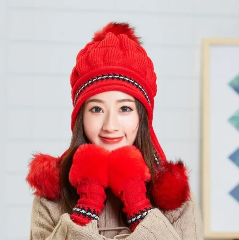 Cozy Knit Fleece-feel Beanie with Ear Flaps & Pompom Warm Winter Hat for Women Perfect for Skiing & Outdoor Activities