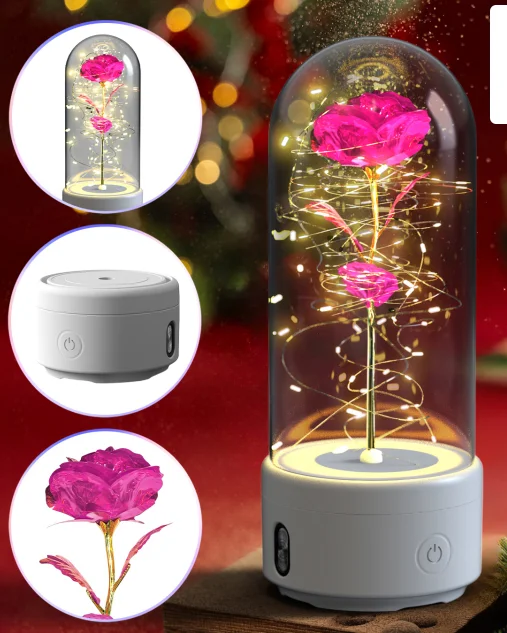 Preserved Rose LED Night Light and Bluetooth Speaker in Glass Dome