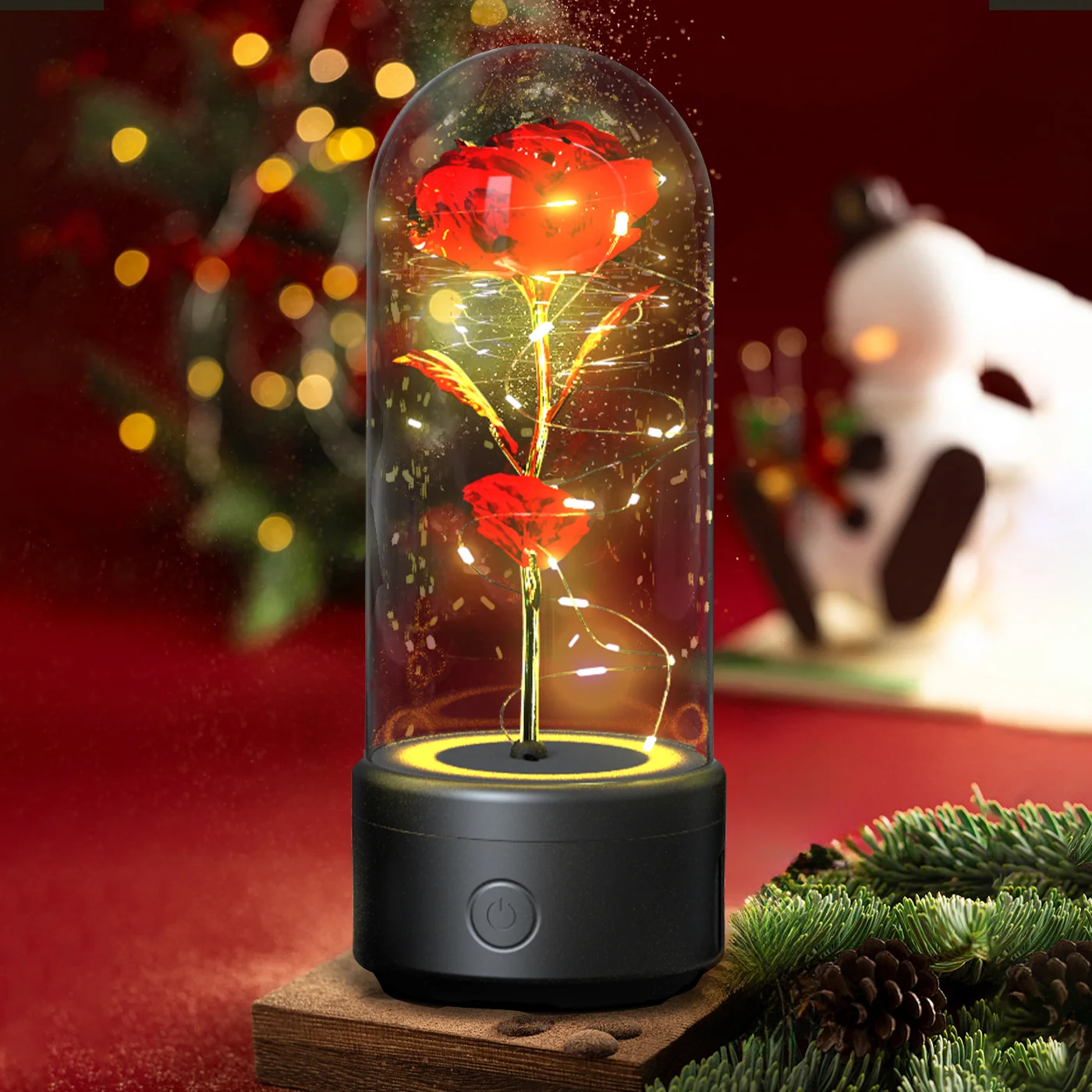 Preserved Rose LED Night Light and Bluetooth Speaker in Glass Dome