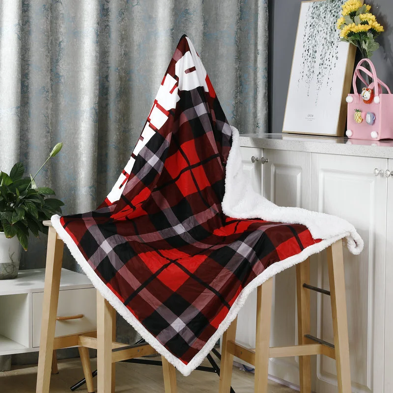 Red Christmas flannel blanket with cartoon pattern – thick, double‑layer thermal bedding