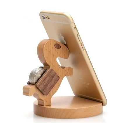 Cute Resin Animal Phone Holder, Beech Wood Base Lazy Bracket for Desk