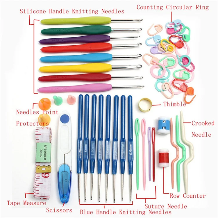 Handmade wool crochet tool set with metal aluminum hooks and storage bag
