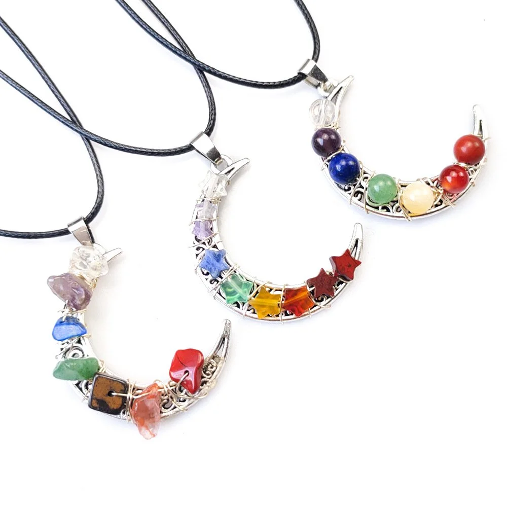 Crystal Stone Seven Chakras Moon Pentagram Necklace with Five‑Pointed Star Pendant