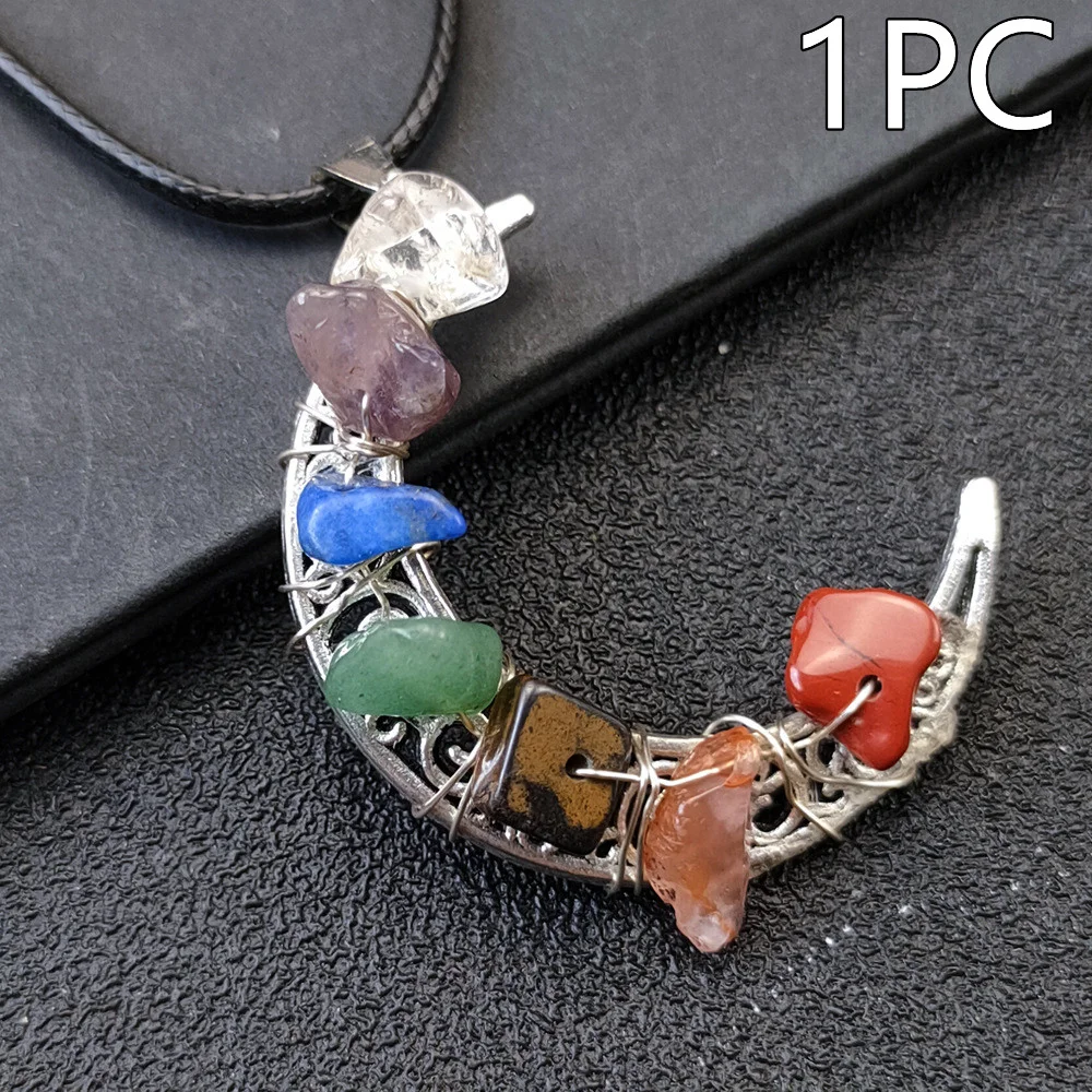 Crystal Stone Seven Chakras Moon Pentagram Necklace with Five‑Pointed Star Pendant