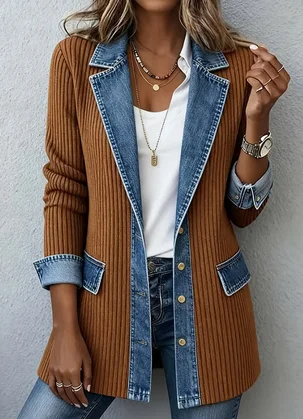 Denim Patchwork Jacket Women's Fashion Elegant Slim Fit Long-sleeved Tops