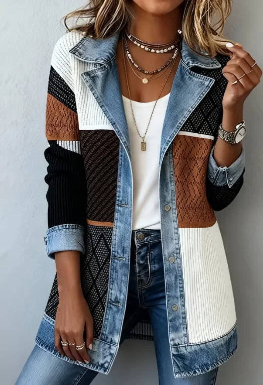 Denim Patchwork Jacket Women's Fashion Elegant Slim Fit Long-sleeved Tops