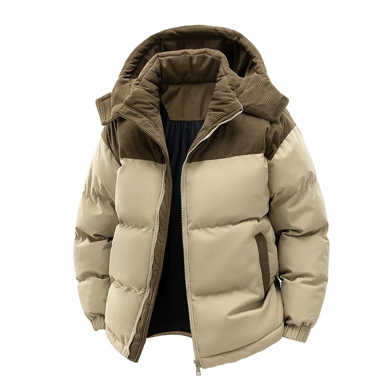 Detachable Hood Padded Winter Jacket with Color Block Patchwork Design