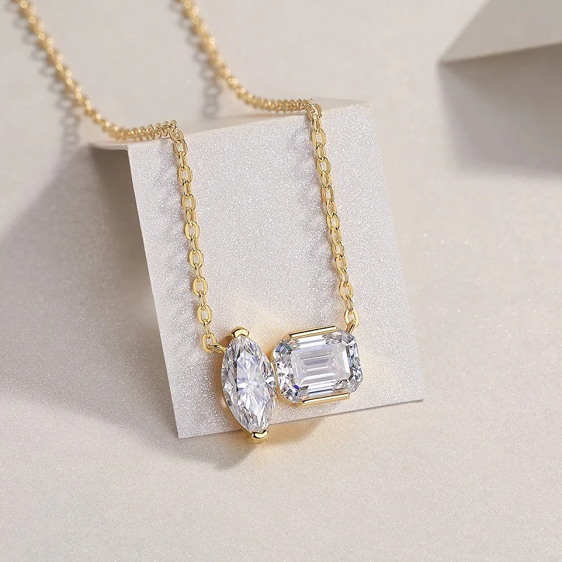 Double Diamond Shadow Moissanite Necklace, S925 Silver Gold Plated Pendant