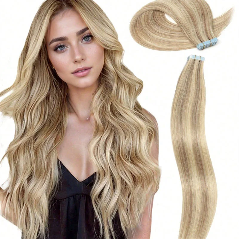 Double Pull Human Hair Extension – 50g Platinum Blonde Straight Tape In, Skin Weft