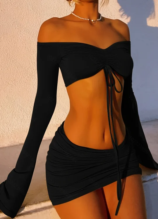 Drawstring Drop Ruched Off Shoulder Two-piece Skirt Set Y2k Long Sleeve Top & Bodycon Skirt Outfits Women's Clothing