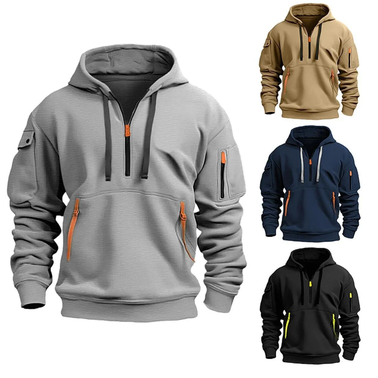 Dropped Shoulder Hooded Sweatshirt with Patch Pocket – Loose Fit, Plus Size, Polyester, Black/Navy/Khaki/Light Gray