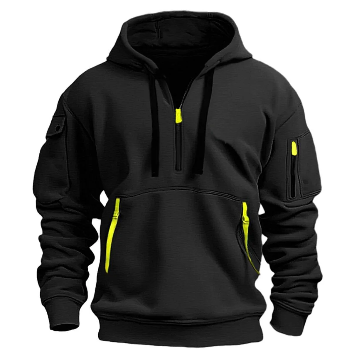 Dropped Shoulder Hooded Sweatshirt with Patch Pocket – Loose Fit, Plus Size, Polyester, Black/Navy/Khaki/Light Gray