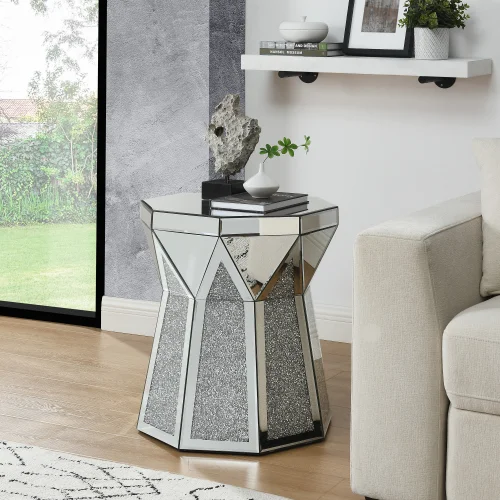 Drum Style Coffee Table with Mirror Crystal Inlay, Polygonal Silver Decorative Table, Modern Design Luxury Modern Furniture, 20 Inch About 50 Centimeters Low Coffee Table, Suitable for Living Room