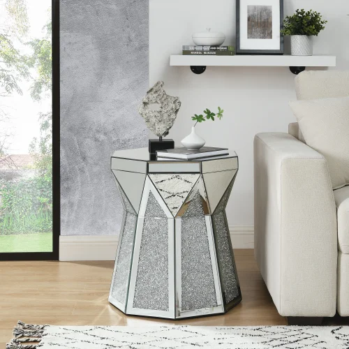 Drum Style Coffee Table with Mirror Crystal Inlay, Polygonal Silver Decorative Table, Modern Design Luxury Modern Furniture, 20 Inch About 50 Centimeters Low Coffee Table, Suitable for Living Room