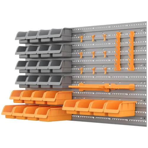 Orange wall‑mounted pegboard tool organizer kit with 44 bins, hooks, and bins for garage