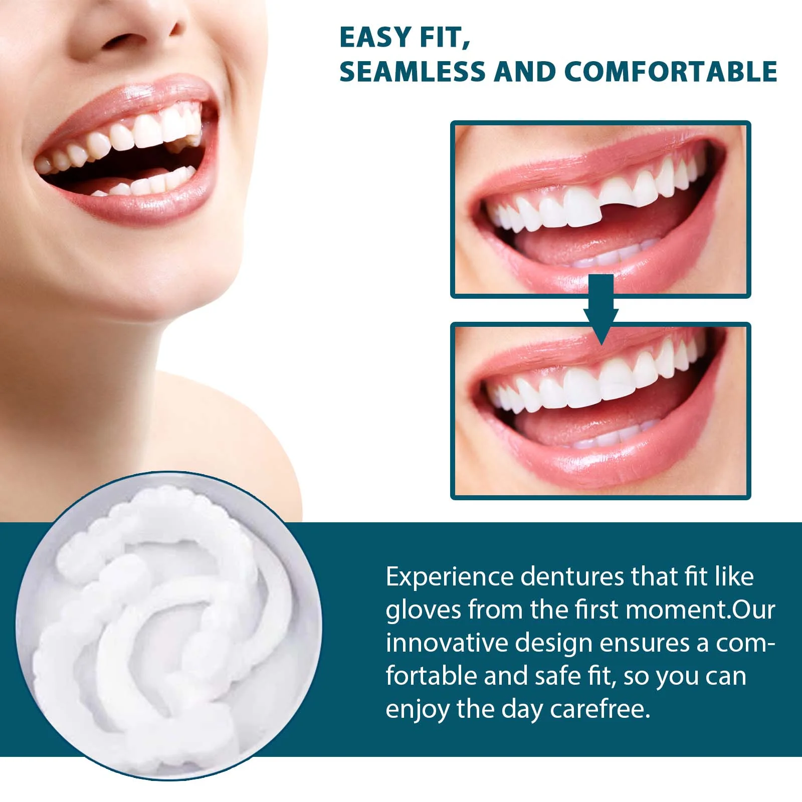 Adjustable Snap‑On Dentures Kit with Resin Bridge – Easy Fit Gap Filler