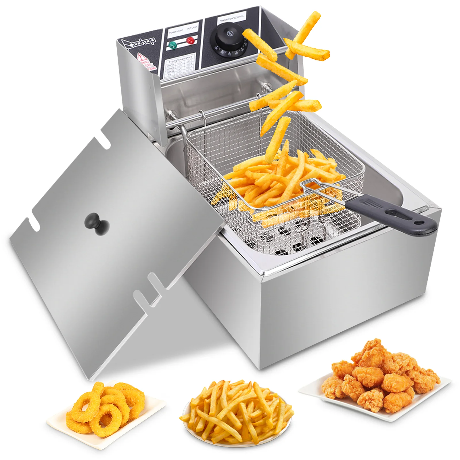 Stainless Steel Deep Fryer with 6L Tank, 2500W Electric Fryer with Basket and Lid
