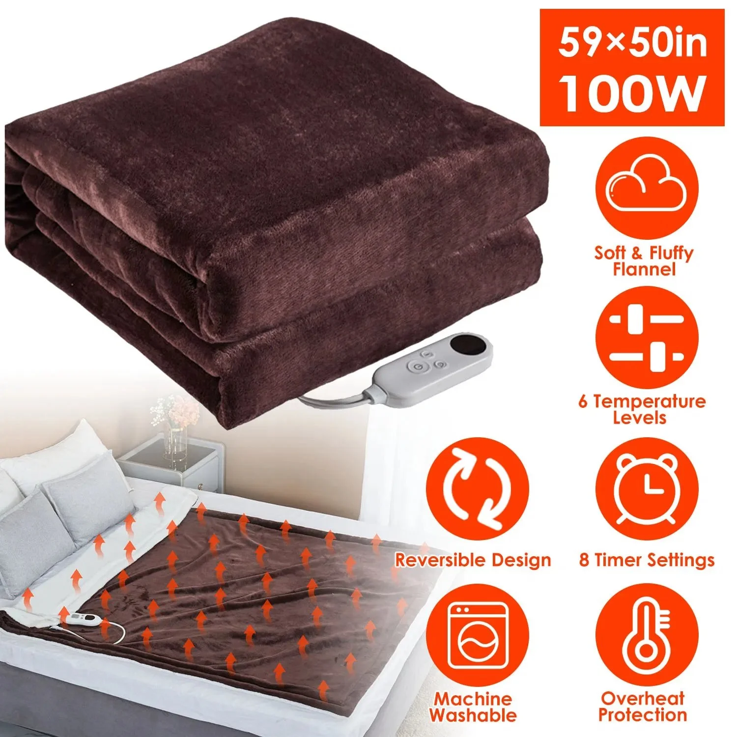 Electric Heated Flannel Throw Heated Blanket with 6 Heat Settings 1-8 Hours Auto Off Washable for Home Office Usage 59x50in