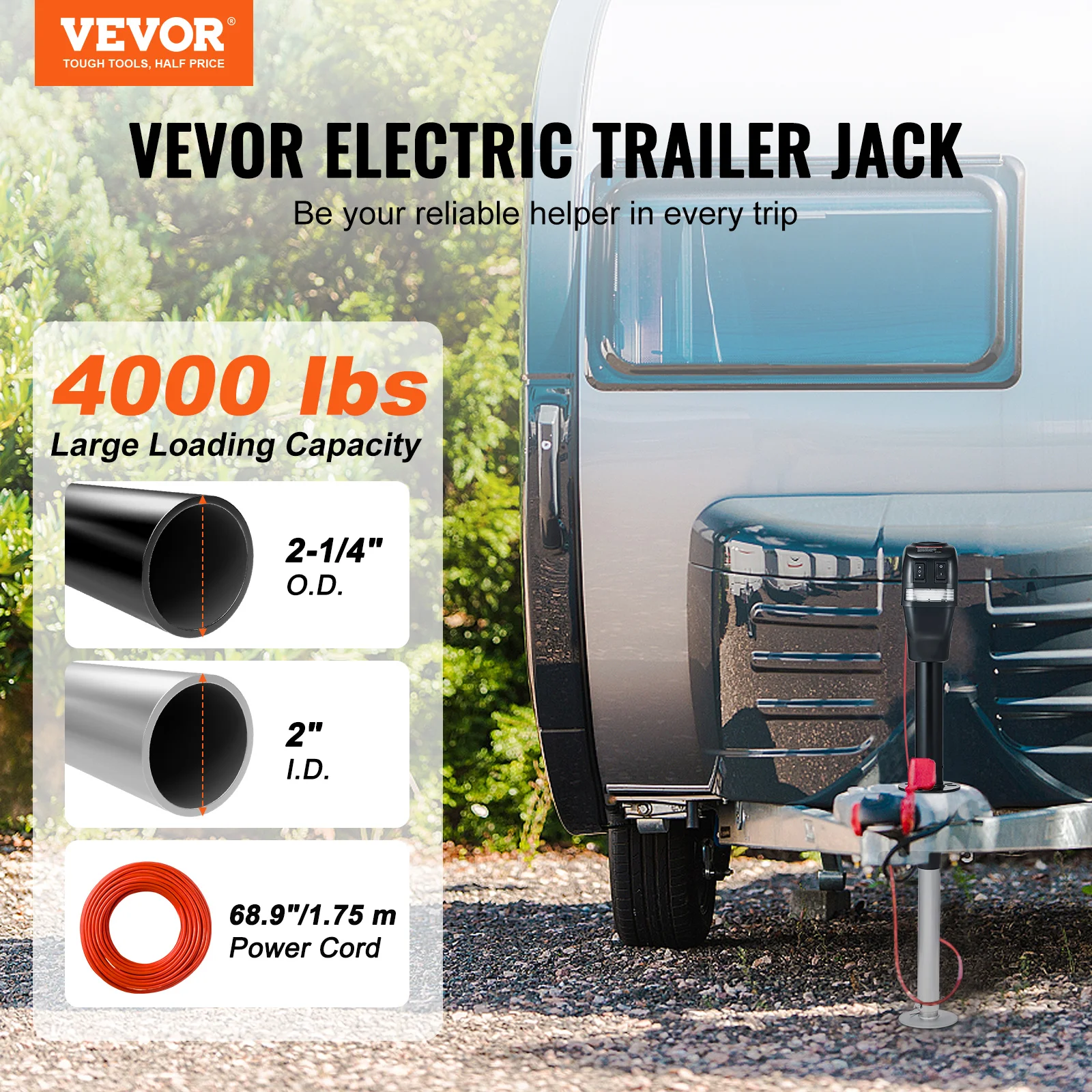 Electric Tongue Jack with Waterproof Cover, 4000 lb Capacity, 9.8‑33.9″ Lift Range for RV, Horse, Utility and Yacht Trailers