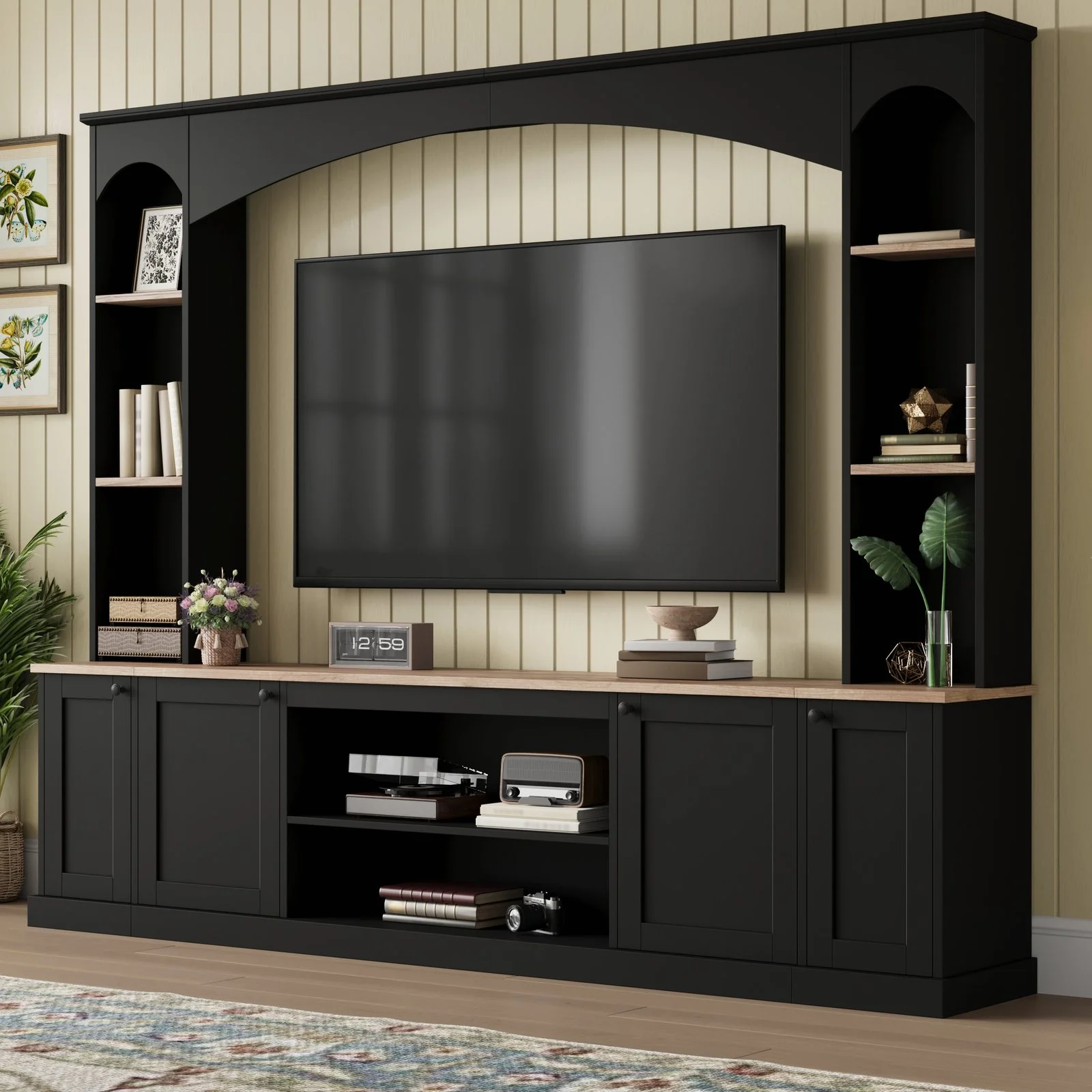 Elegant Arched Entertainment Center Wall Unit with Bookshelf, Farmhouse Tv Stand with Wood Grain for Tvs Up to 70, 91inch Media Console with Adjustable Shelves for Living Room, Black