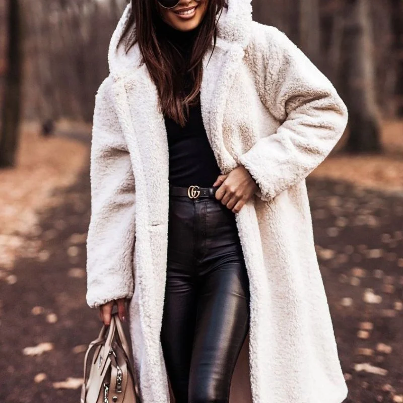 Elegant Long Coat Woman Plush Warm Faux Fleece Coat Autumn Winter Fashion Teddy Jacket Female Teddy Coat Outwear Ladies