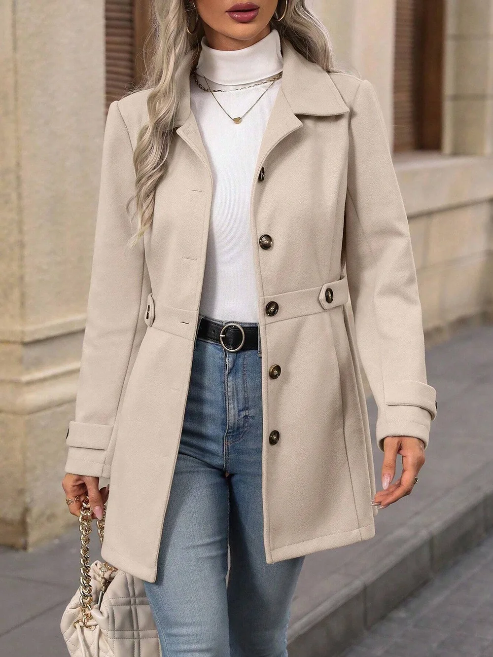 Elegant Single-breasted Woolen Coat Buttons Lapel Mid-length Jacket Temperament Commuter Outwear Clothing for Women