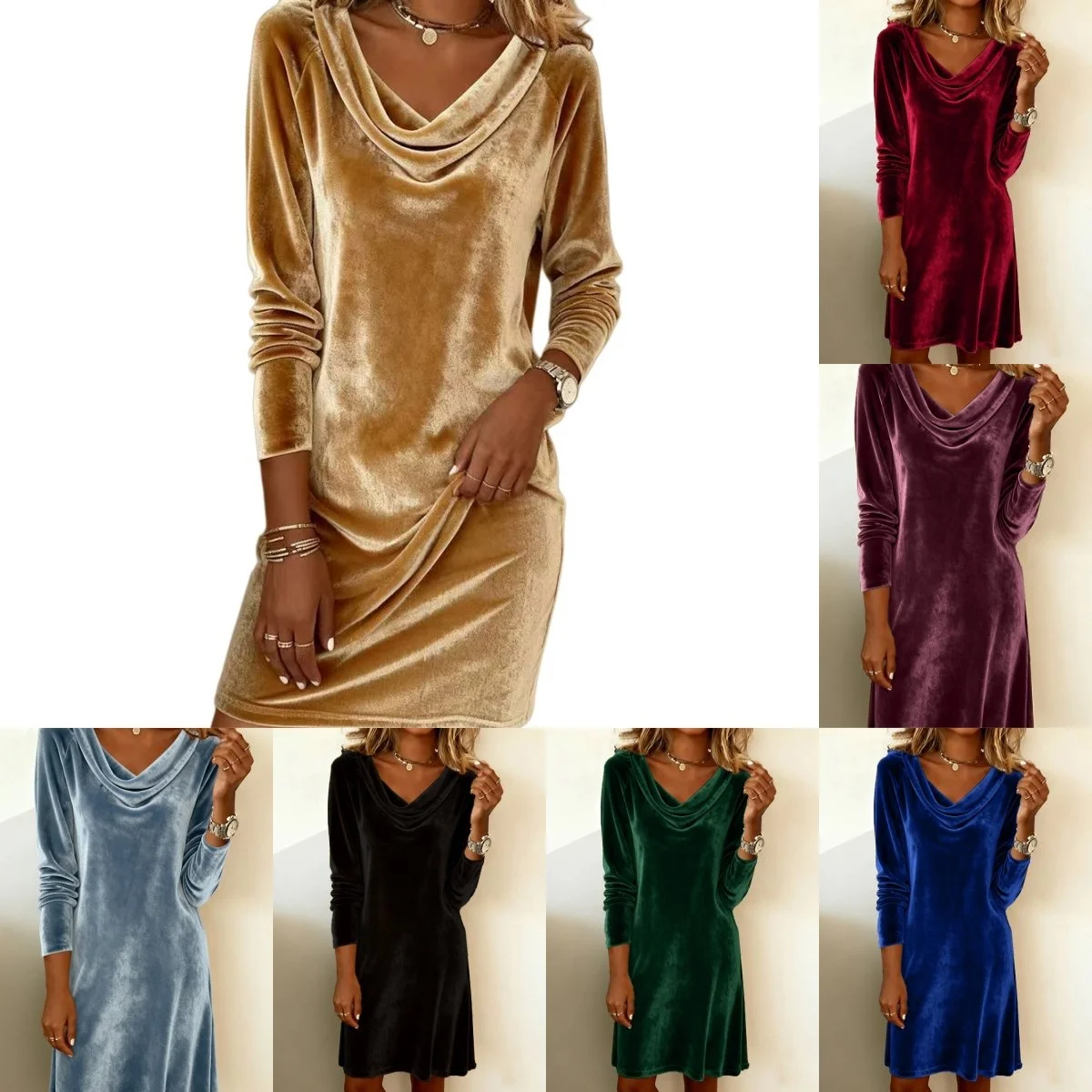 Elegant Solid Color Swing Collar Long Sleeved Velvet Dress Temperament Gentle Skirts for Women Cocktail Party Formal Dresses