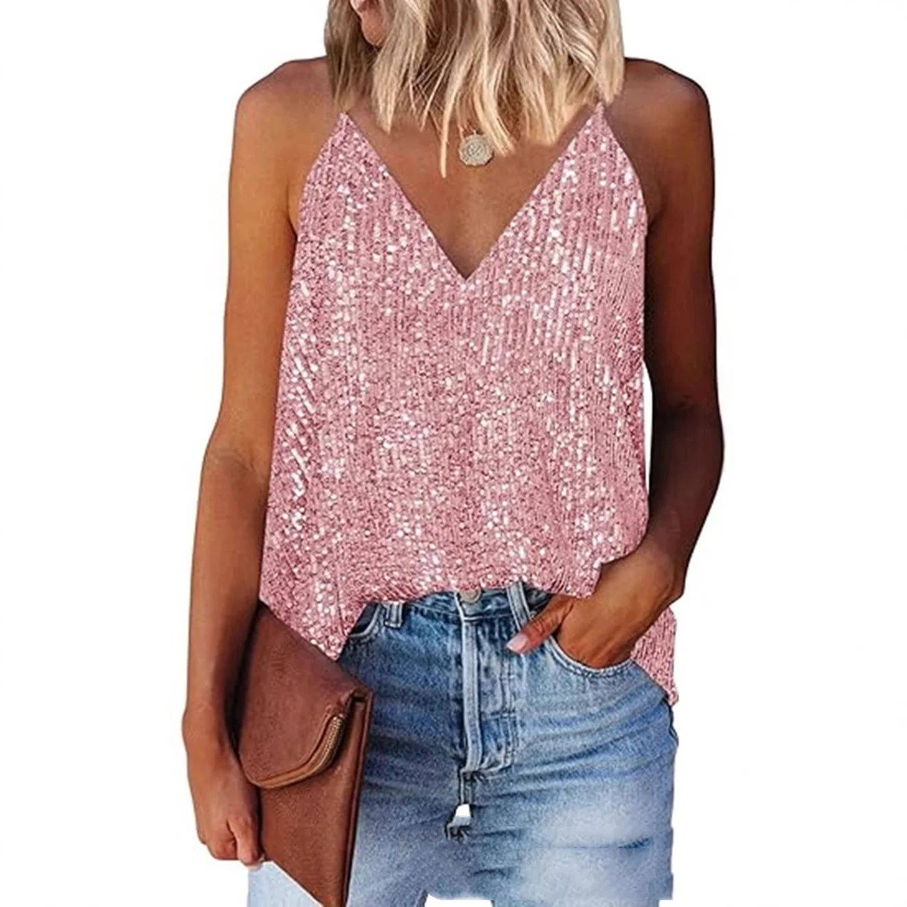 Europe and America Cross Border Foreign Trade Sexy Women Clothing Summer New Amazon Sexy V-neck Sequin Sling Vest T-shirt