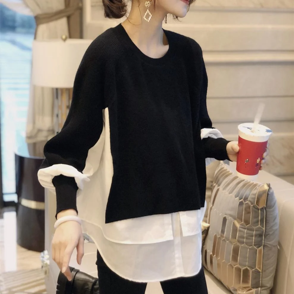 Europe Station Autumn and Winter Women Sweater Splicing Shirt Fake Two-piece Set of Women Foreign Style Knitted Top Fashion