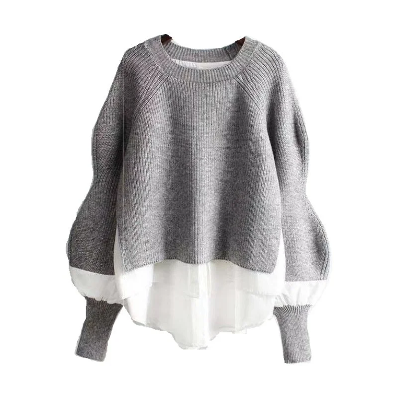 Europe Station Autumn and Winter Women Sweater Splicing Shirt Fake Two-piece Set of Women Foreign Style Knitted Top Fashion