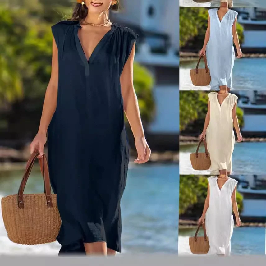 European and American Cotton and Linen Sleeveless Solid Color and V-neck Dress
