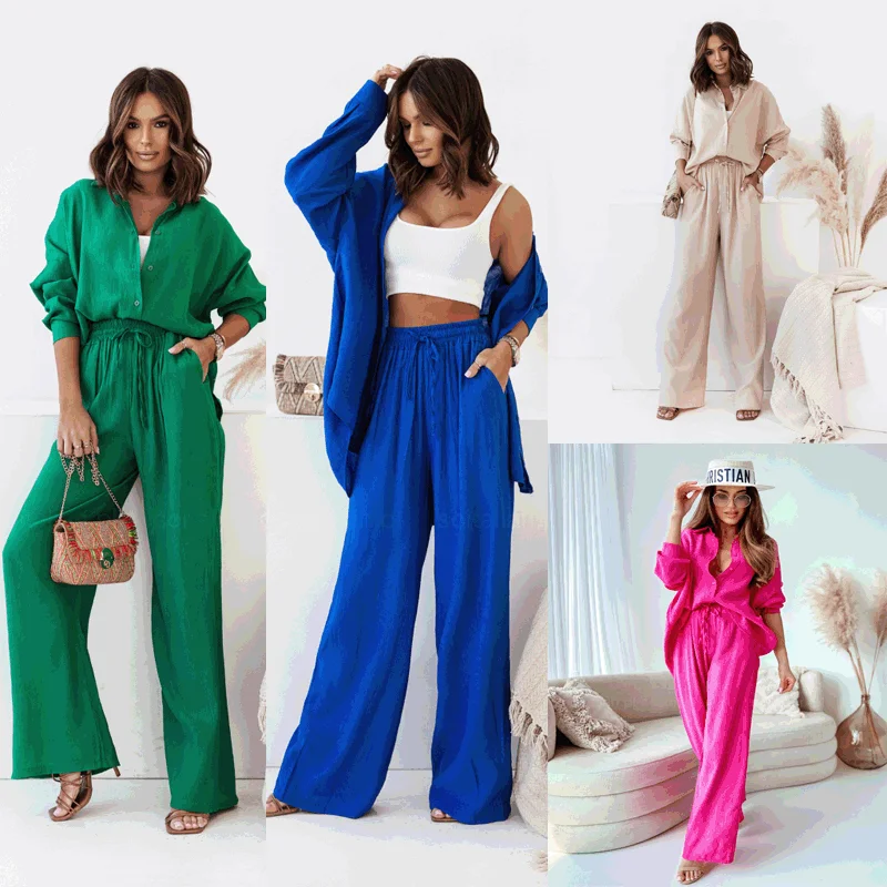 European and American Ins Style Solid Color Leisure Fashion Long Sleeve Blouse and Pants