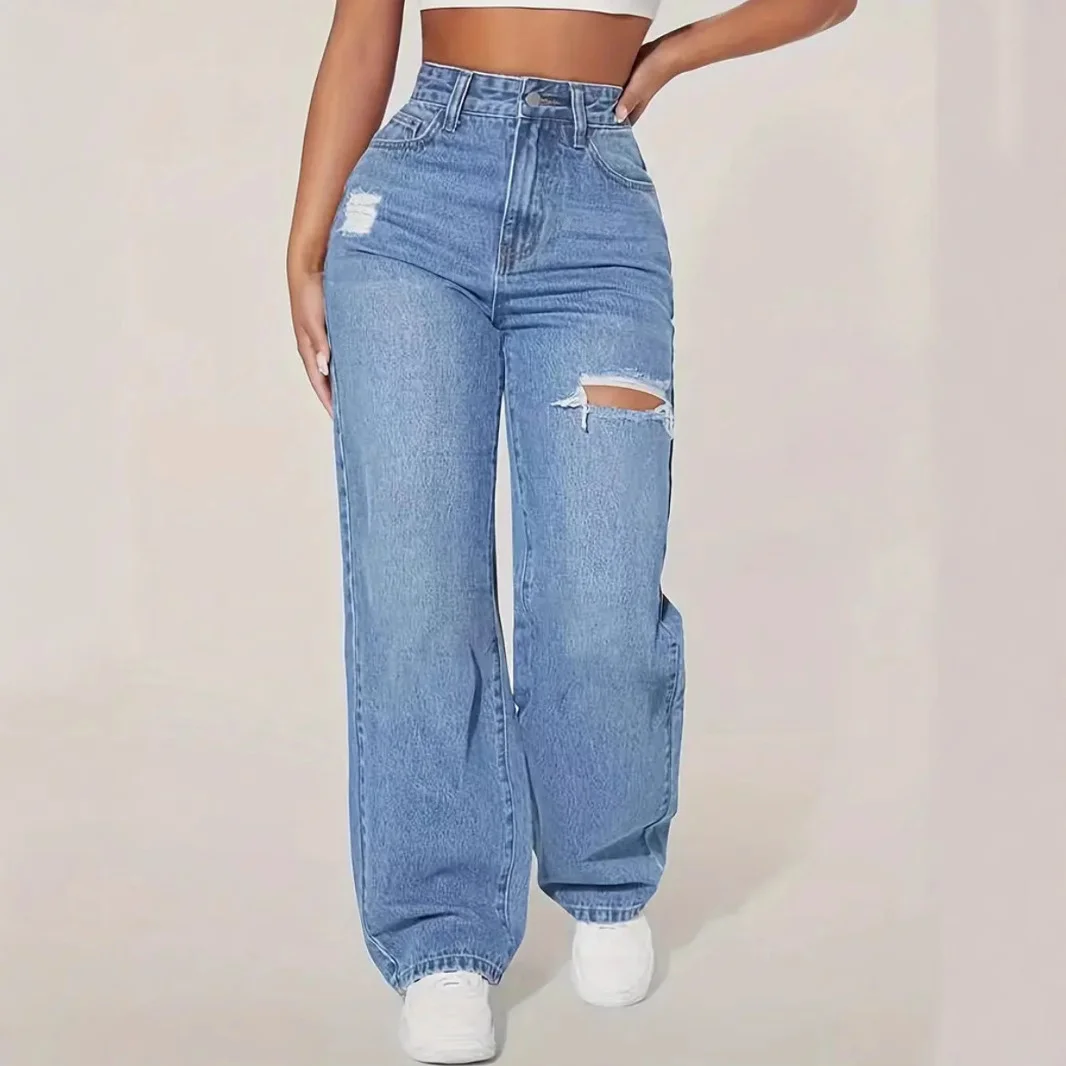 European and American Ladies Washed Hole Denim Trousers