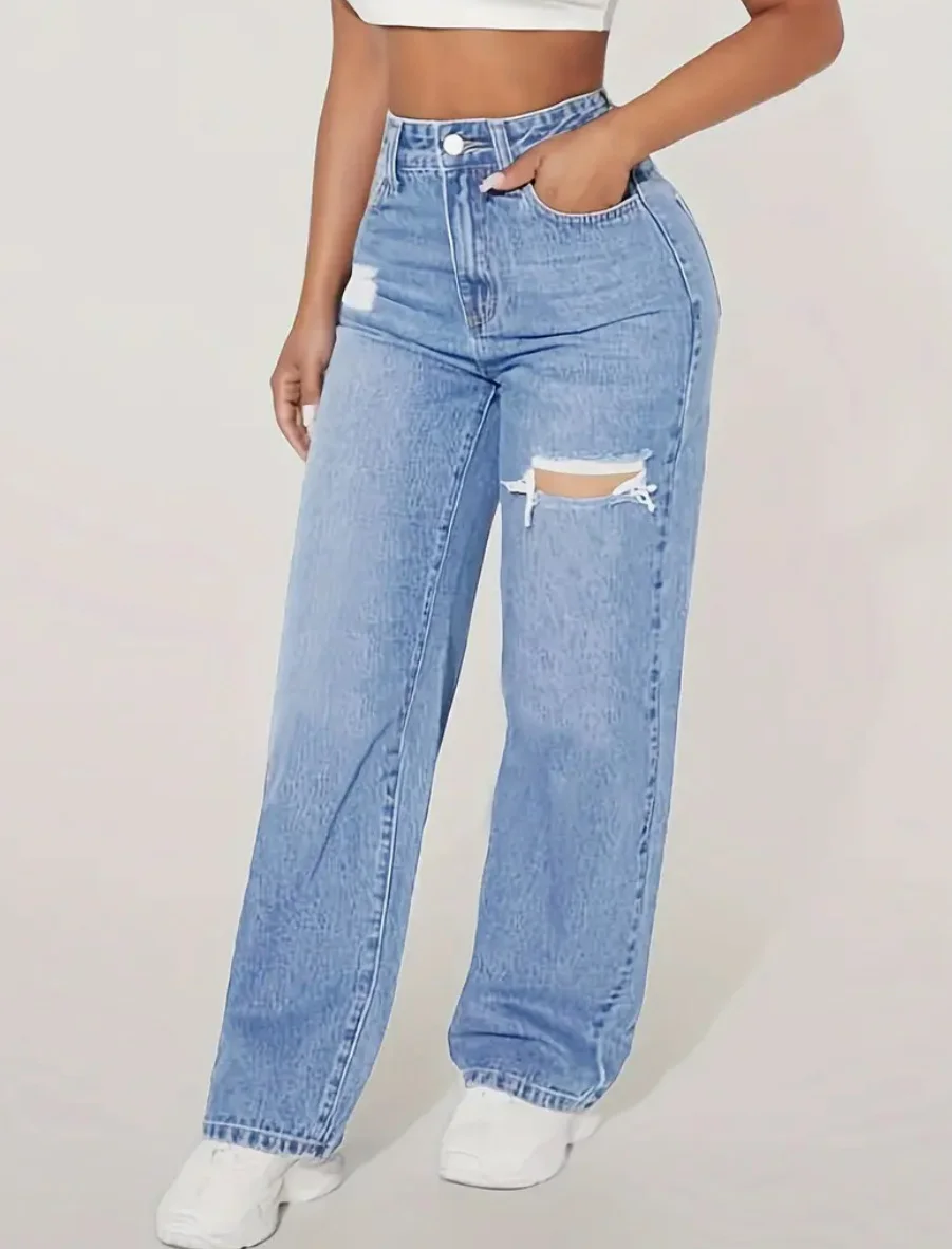 European and American Ladies Washed Hole Denim Trousers