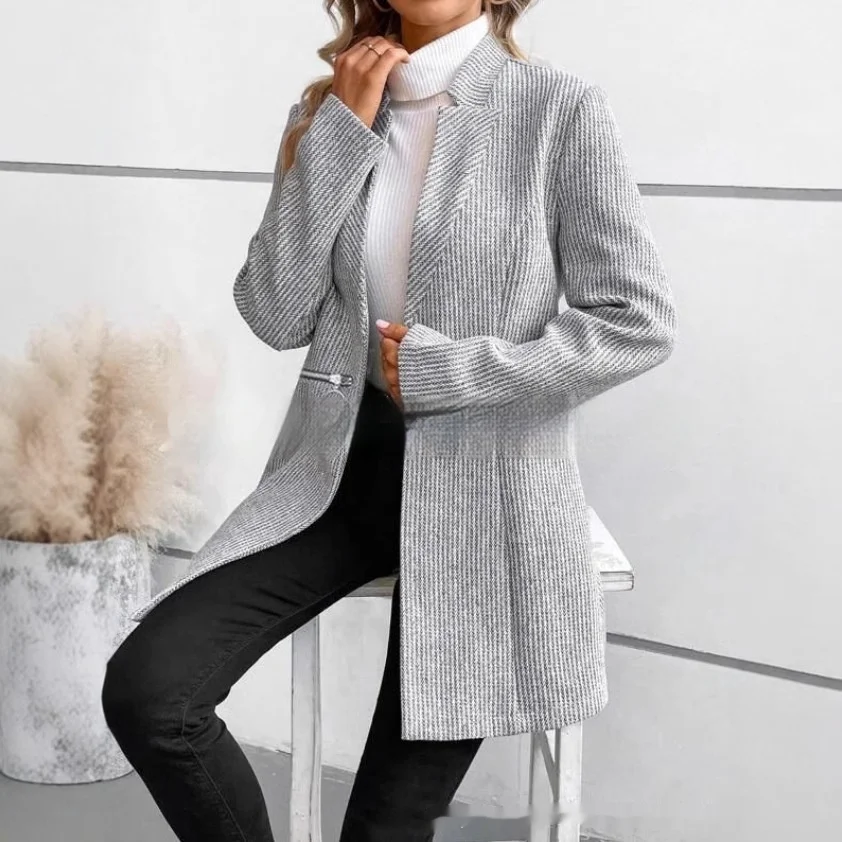 European and American Leisure Vertical Pattern Women's Woolen Jacket Zipper