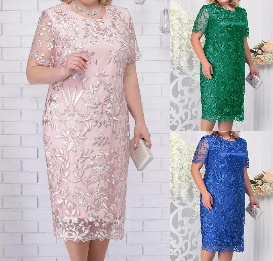 European and American Stitching Embroidered Lace Slim Cocktail Dress