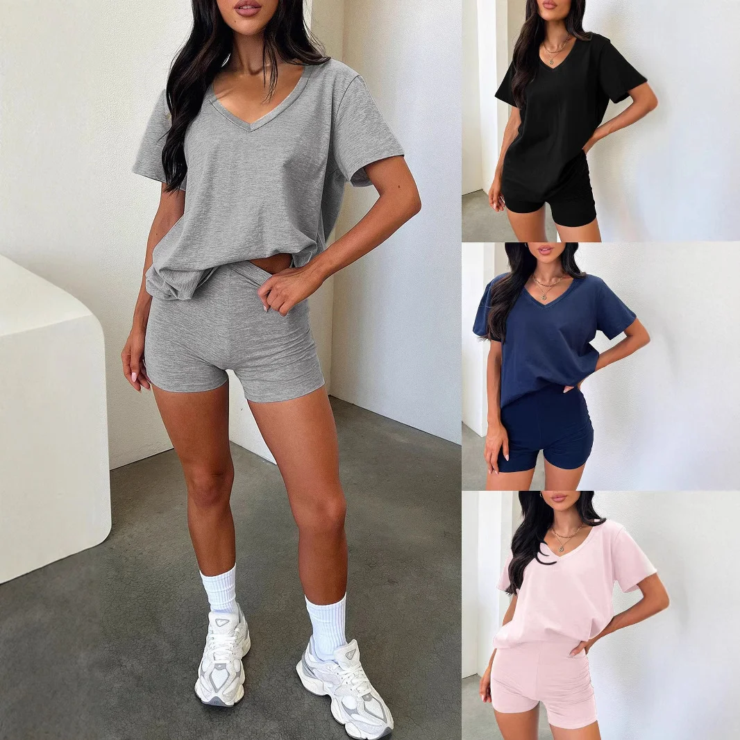 European and American V-neck Casual Temperament Pure Color Fashion Suit