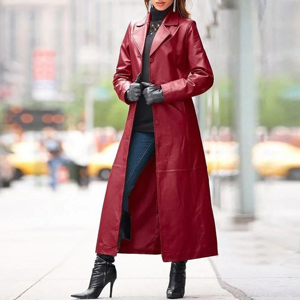 European and American Women's Leather Coat Long Coat