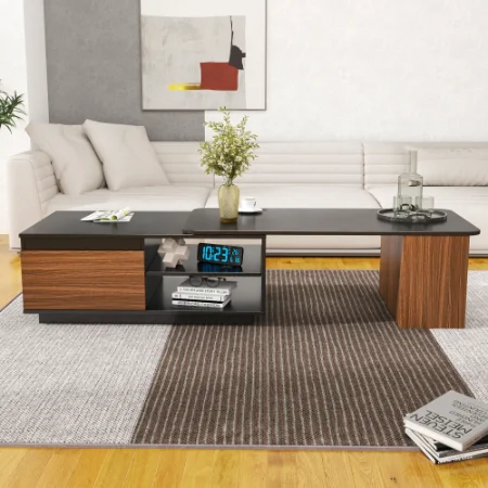Extendable Coffee Table, Length Adjustable Wood Coffee Table with 2 Storage Drawers for Living Room, Large Long Rectangular Center Table