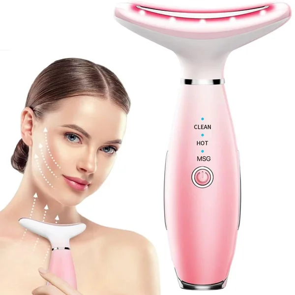 Pink Facial and Neck Massager with 3 Massage Modes and Heating, USB Rechargeable