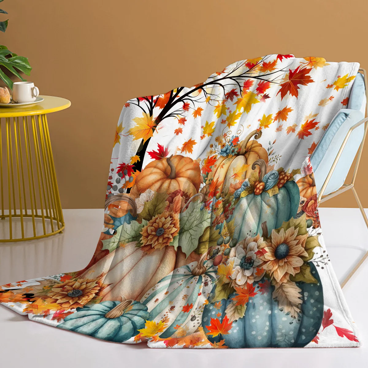 Pumpkin and Flower Print Flannel Throw Blanket – Soft Warm Fall Bedding