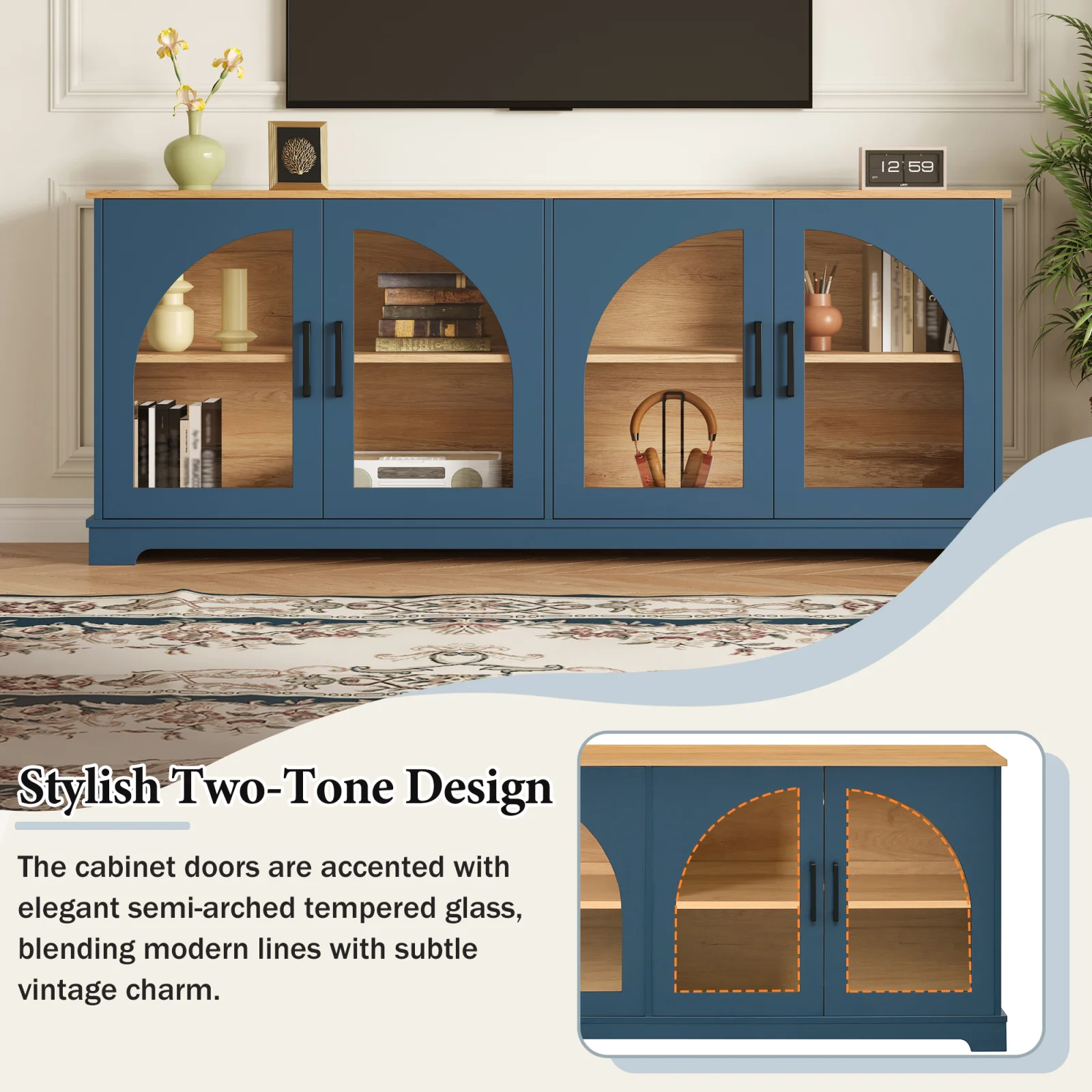 Farmhouse Tv Stand with Semi-arched Glass Doors for Tvs Up to 70, Elegant Two-tone Media Console with Adjustable Shelves, Wood Grain Sideboard with Cable Management for Living Room, Blue Natural