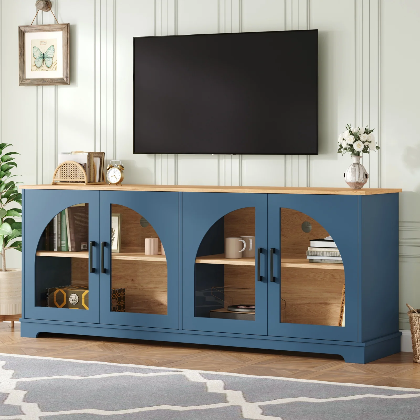 Farmhouse Tv Stand with Semi-arched Glass Doors for Tvs Up to 70, Elegant Two-tone Media Console with Adjustable Shelves, Wood Grain Sideboard with Cable Management for Living Room, Blue Natural