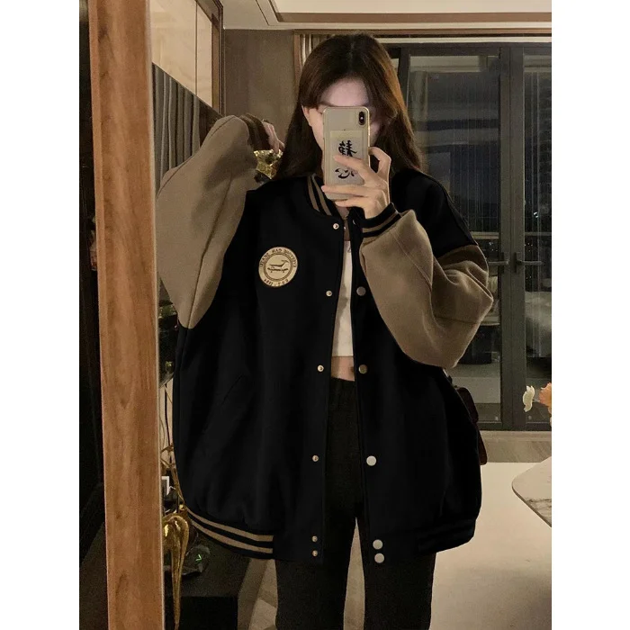 Fashion Baseball Girl Spring and Autumn Clothes Vintage Students' Loose-fitting Coat Jacket