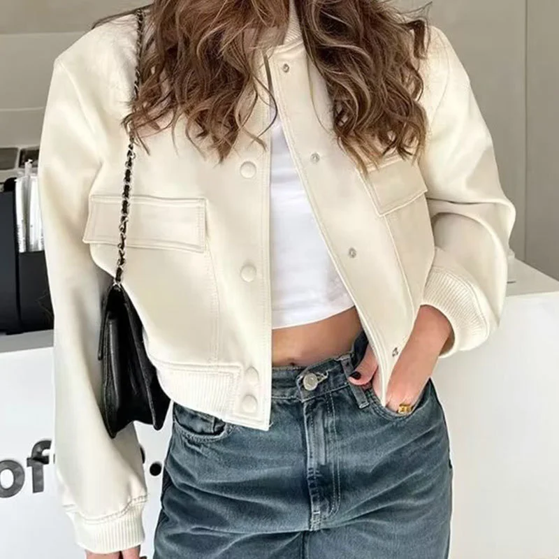 Fashion Button Stand-collar Jacket with Big Pockets Casual Loose Short Outwear Tops Coat for Women Clothing