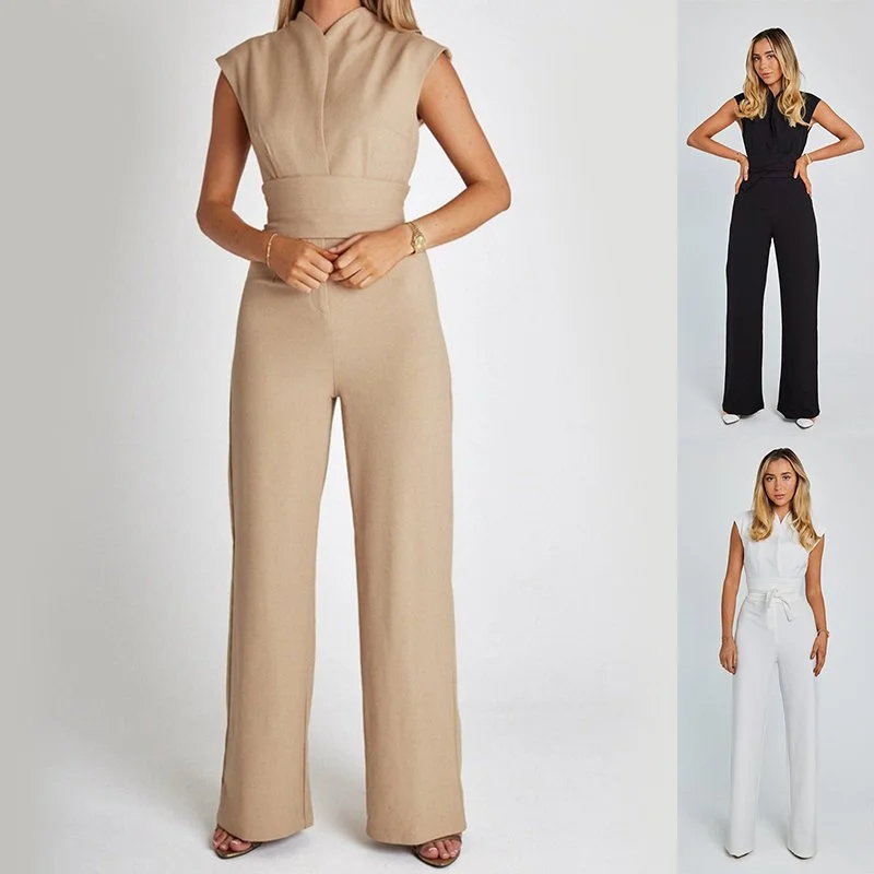 Fashion Elegant Long Sleeveless Jumpsuit Summer V-neck Casual Wide Leg Long Overalls Clothing for Women